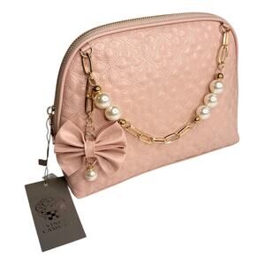 Vince Camuto Cosmetic Bag Blush Pink Bow Gold Pearls Chain Zip 10.5" Makeup Case